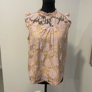 Never Worn! Monteau Pink & Gold Floral Lace Overlay Blouse With Ruffles